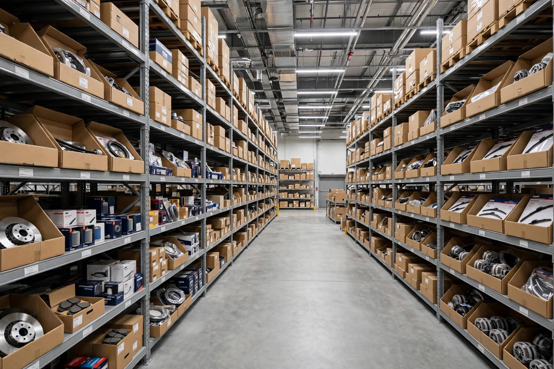 Auto parts warehouse stocked with boxed replacement parts